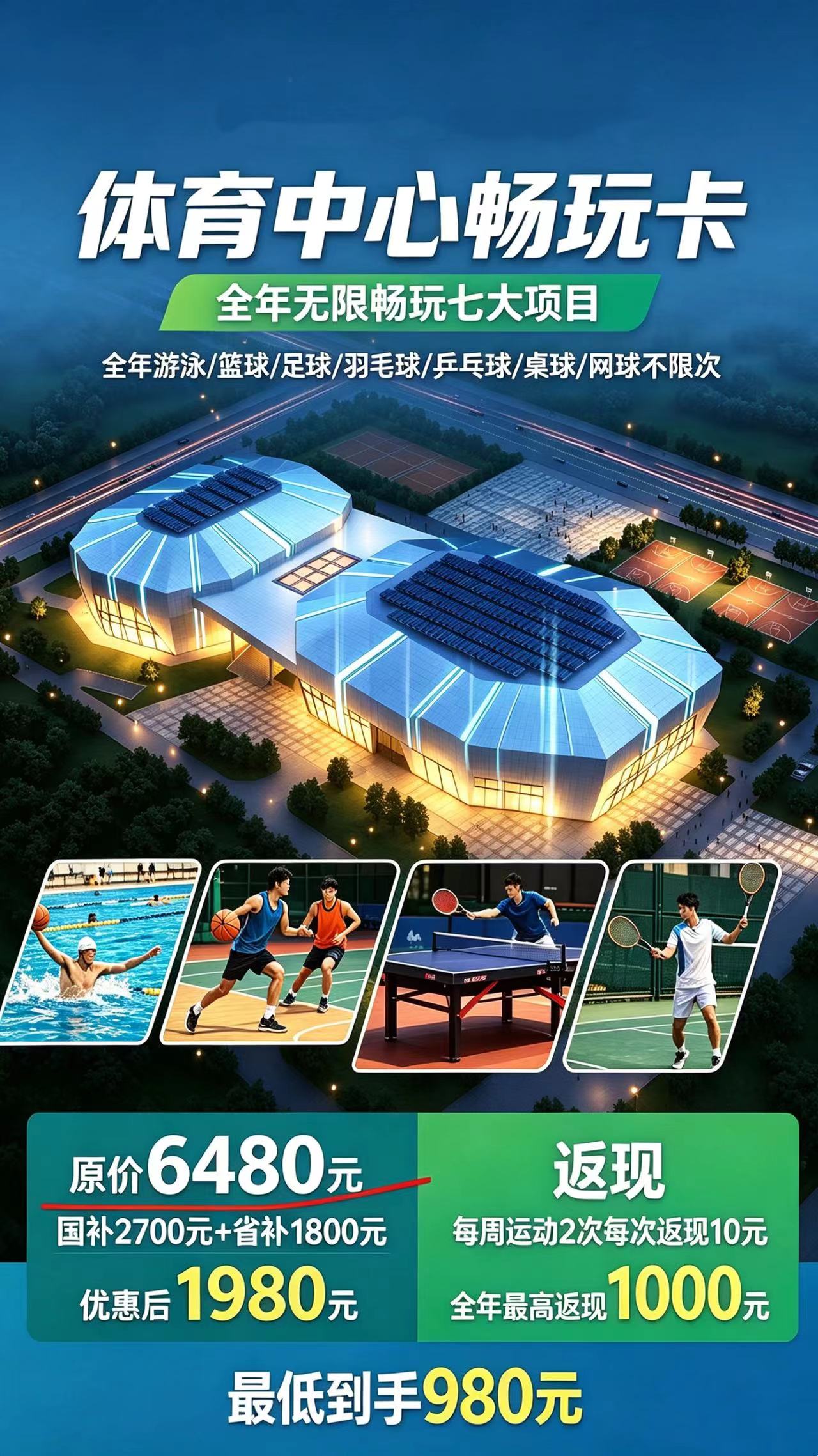 谁懂啊！灵璧体育中心这张卡简直是运动党福音 全年不限次畅玩游泳/篮球/足球/羽毛球/乒乓球/桌球/网球7大项目，还能同步参与配套培训！ 原价6480，国补+省补后只要1980，每周打卡还能返现，最低到...